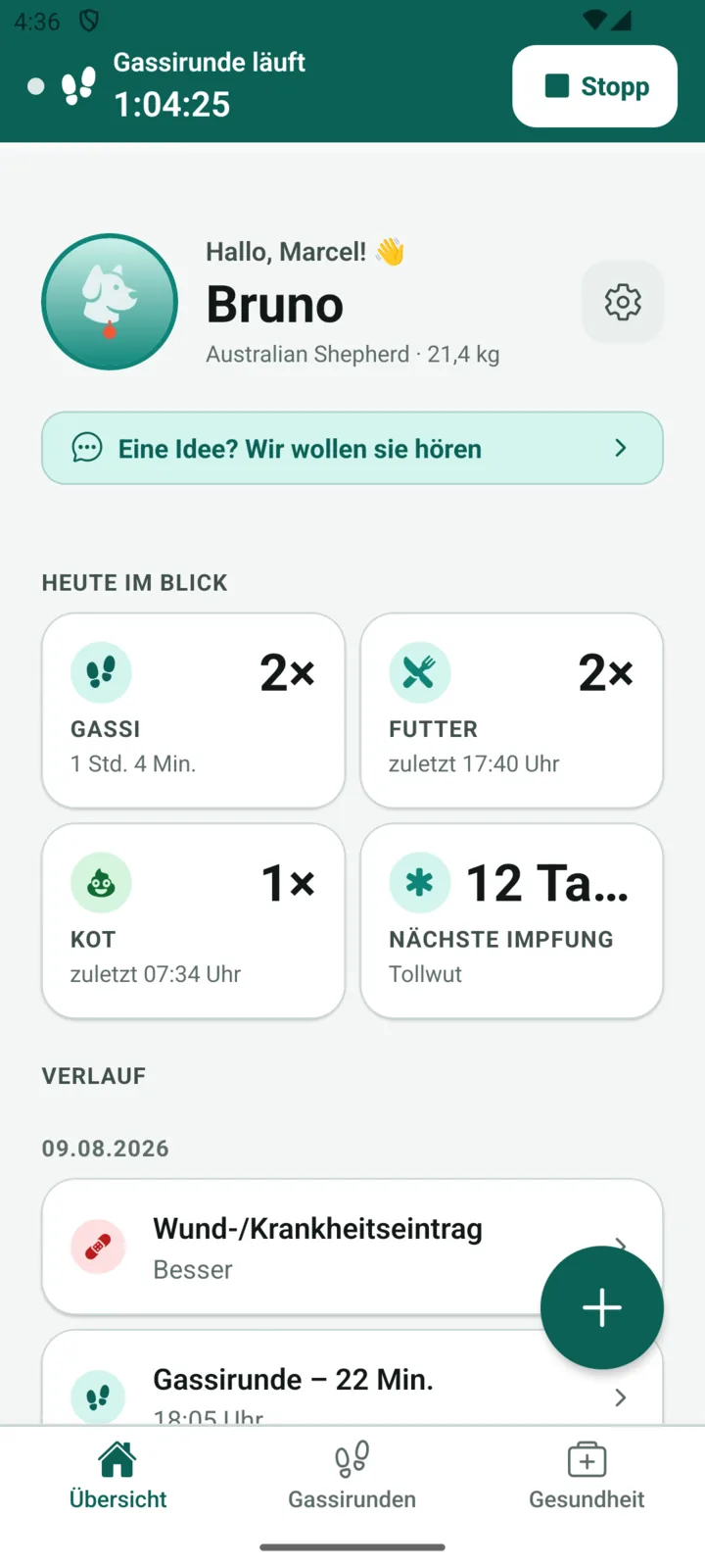 Startbildschirm von Hundeakte auf einem Android-Handy mit laufender Gassirunde und Tagesübersicht