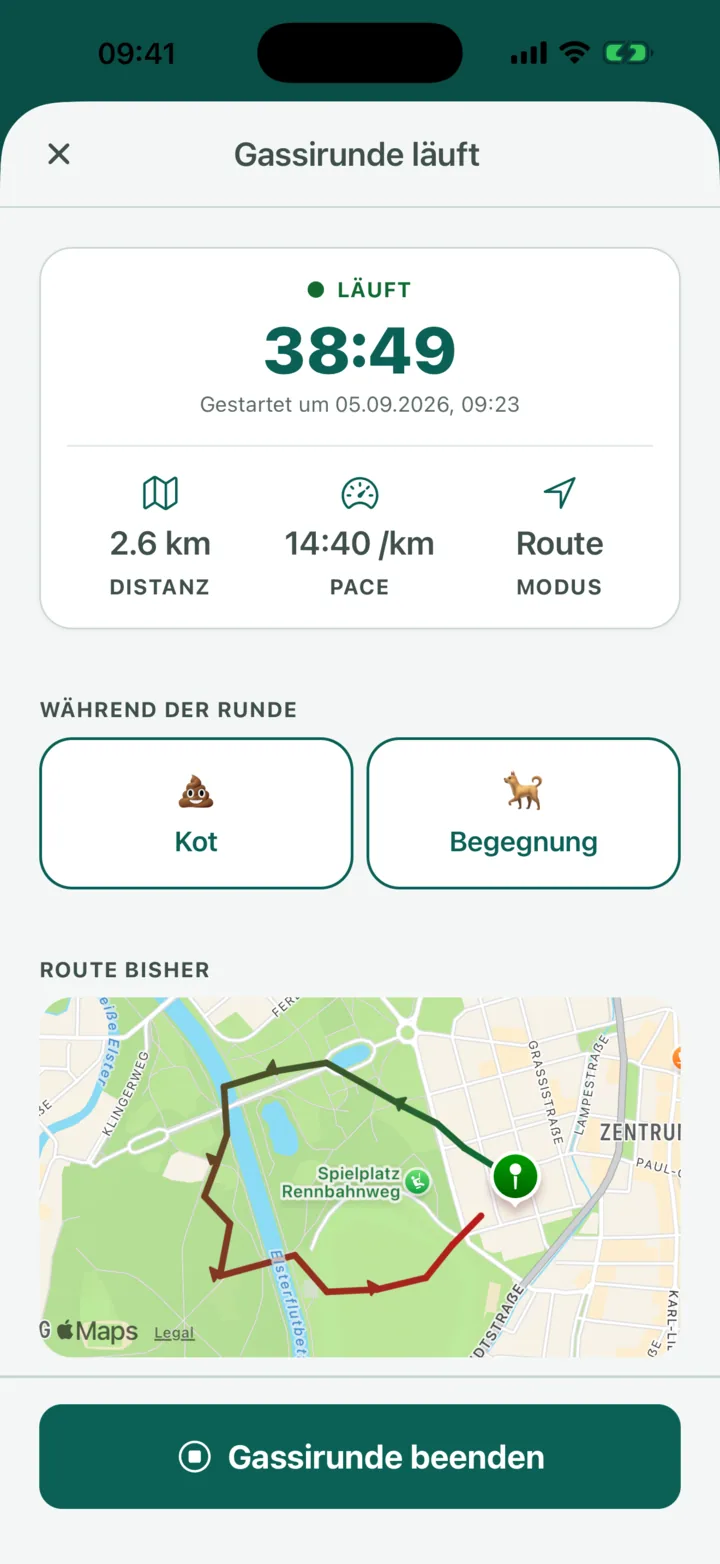 Laufende Gassirunde in Hundeakte mit Timer, Distanz, Pace und der bisher gelaufenen Route